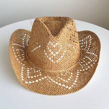 Women Men Summer Straw Hat Hollow-Out Bucket Hats Sun Beach Holiday Sun Cap Cowgirl Hat - 卡其色 - 查看 5