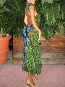 Women's Vacation Fitted Fringe Halter Neck Sleeveless Dress - màu xanh lá - Xem 2