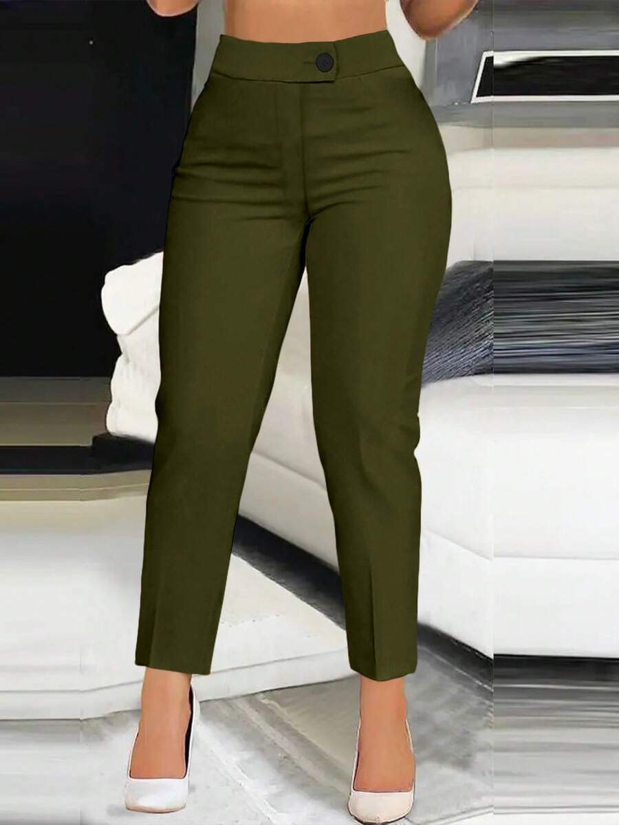 Women's Solid Color Slim Fit Casual Pants, Suitable For Commuting And Daily Wear - Army Green - View 1