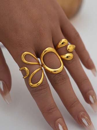 Frminee 3 件/1 件时尚、简约、优雅、个性、精致、高级、独特几何 18k 镀金不锈钢戒指套装，女士日常珠宝，日常佩戴和礼物