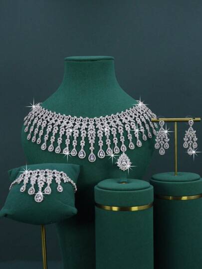 5pcs White Gold Plated Bridal Jewelry Set, Featuring Royal Style Large Geometric Water Drop Tassel Design, Handset White Cubic Zirconia, Including Necklace, Bracelet, Earrings, Ring, Suitable For Daily Wedding Wear, Wedding Anniversary Gift (Gold Gift Box Included)