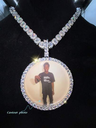 Collana con ciondolo personalizzato a cornice rotonda grande, in ottone e zirconia scintillante, foto fai-da-te, gioiello da indossare quotidianamente, con catena attorcigliata da 50 cm come regalo, argento, elegante, colorato, vintage, semplice, unisex, casual, carino, personalizzato, unico, regalo ideale per lui, studenti di scuola media, studenti delle superiori, studenti universitari, matricole, studenti del secondo anno, studenti più giovani, autunno chic, inverno chic
