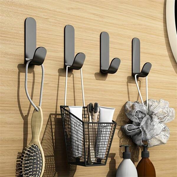 5pcs Adhesive Hooks Towel/Coat Hooks Wall Hooks Stick On Bathroom Bedroom Living Room Kitchen Black