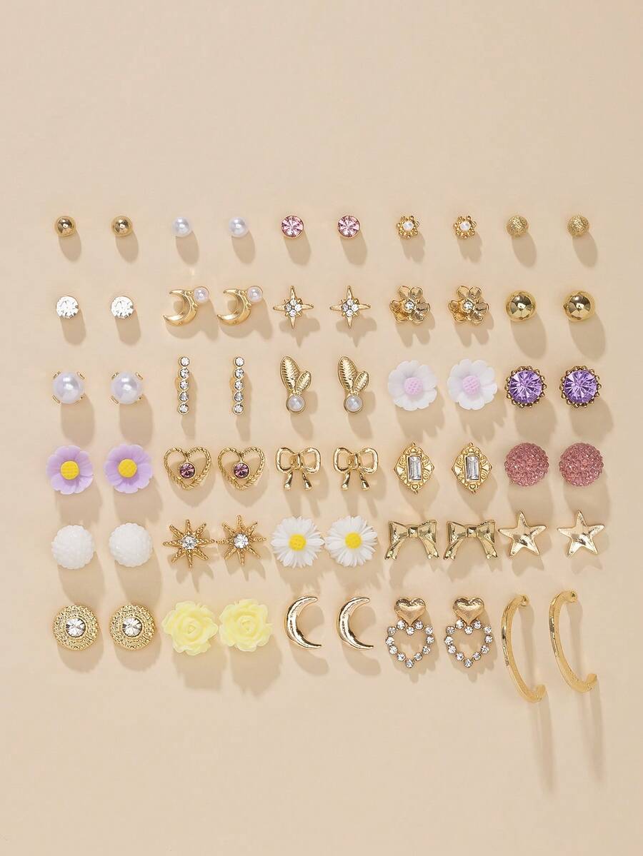30pcs/Set Fashion Simple Cute Rhinestone Heart Flower Geometric Bow Design Metal & Resin Stud Earrings, Multi-Pieces Jewelry Set Suitable For Daily Wear - Multicolor - View 1