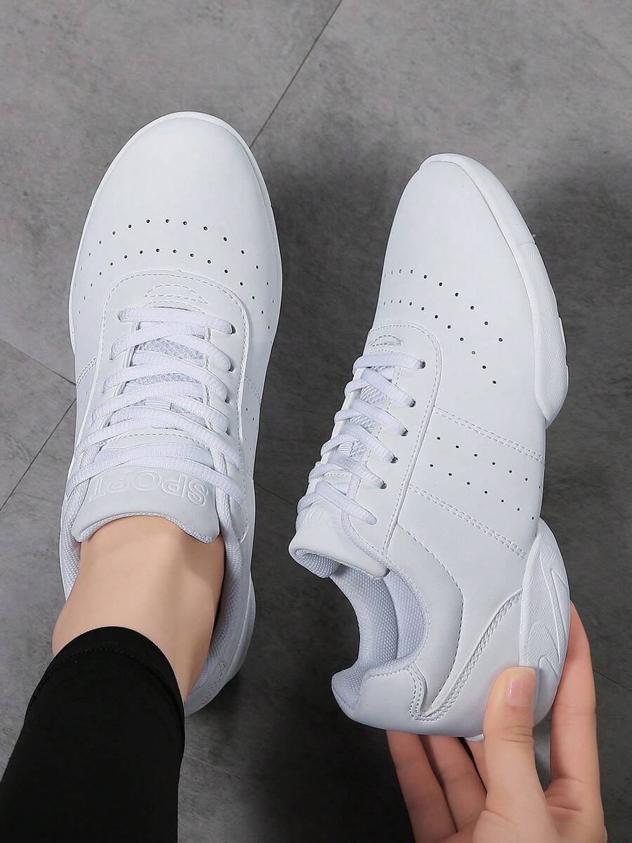 Women Aerobic Fitness Shoes, White Athletic Sneakers, Cheer Training Competition Shoes, Vintage Collegiate Style Classic Flat Casual Sneakers, With PU Perforated Breathable Upper, Fabric Lining, Durable Rubber Outsole, Sports Casual - White - View 1
