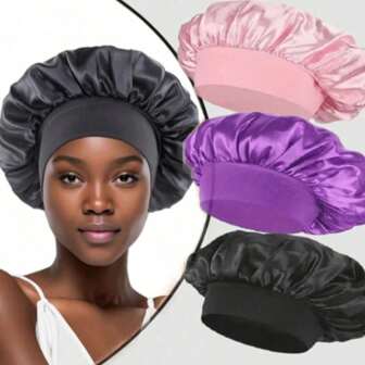 1 件装缎面宽松紧带睡帽，舒适弹力，85% 涤纶 15% 氨纶，无香型，日常使用护发配件，日常佩戴帽 | 优雅睡帽 | 缎面纹理、帽子、浴帽、理发店美发产品及配件，美容旅行必备品