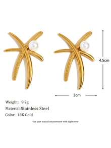 MamacitaSlay 2pcs Set Fashionable Stainless Steel 18K Gold Plated Exaggerated Palm Tree Pearl Stud Earrings - Earrings - View 10