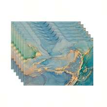 这款1/4/6片装厨房餐桌垫采用镀金抽象图案设计，由100%聚酯纤维编织而成。尺寸为12 * 18英寸/30 * 45厘米，可机洗。耐热、防污、防水，易于清洁。可用作礼品、家居用品、厨房用品和春季室内装饰。