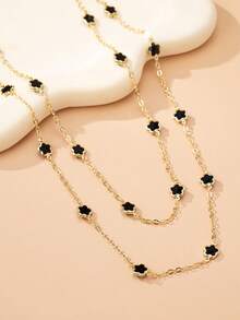 1pc Elegant Minimalist Floral Wreath Pendant Necklace, Iron Chain, Multi-Functional, Suitable For Gifts Or Everyday Wear - Black Double Necklace - View 7