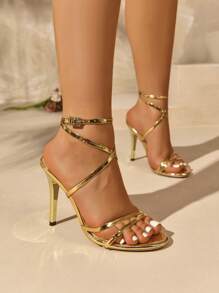 Tacones altos sexy y elegantes para fiestas para mujeres, nuevos para el verano de 2025, de tacón , de punta abierta, con correa cruzada y puntera redonda
