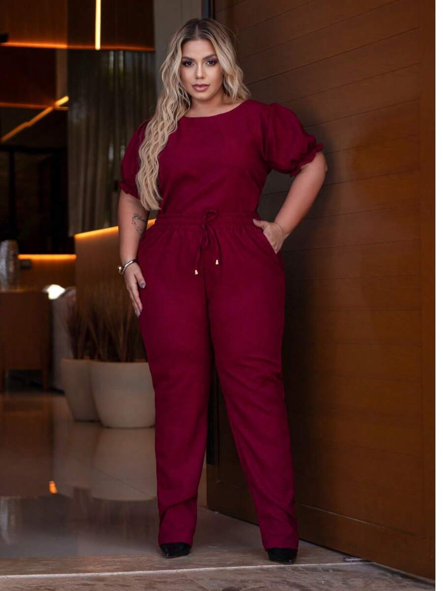 Women's Casual Plus Size Set G1 In Linen Pants Blouse Puff Sleeve Elegant Colors Women's Clothing - 紫紅色 - 查看 1