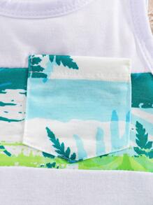 Conjunto de 4 piezas para bebé niño de verano: Parte superior y chaleco con estampado de hojas multicolor + Pantalones cortos estampados + Gorra