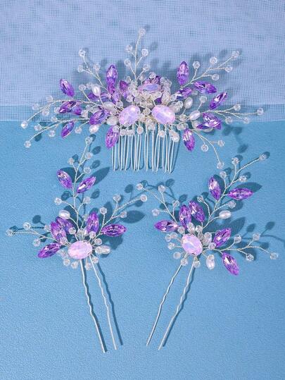 3pcs Romantic Crystal Hair Comb & Hair Clip Set, Orange Dress Styling Accessories, Olive Green Boho, Gothic Dark Bride Wedding Valentine's Day Accessories