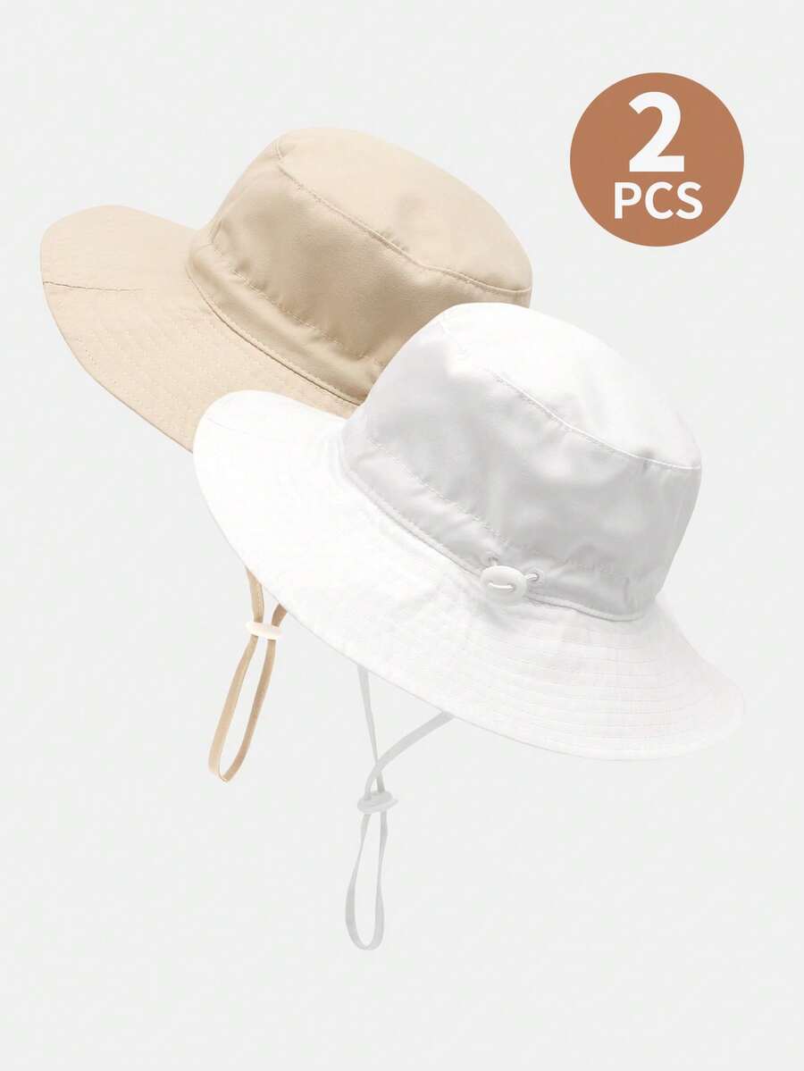 2pcs Children Solid & Printed Adjustable Sun-Protective Breathable Casual Bucket Hat, Suitable For Outdoor Activities & Daily Use - Beige+White - View 1