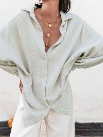 Camisa suelta de manga larga y de largo medio con unicolor para mujer, se puede usar como vestido, cárdigan o blusa, adecuada para el Día de San Valentín