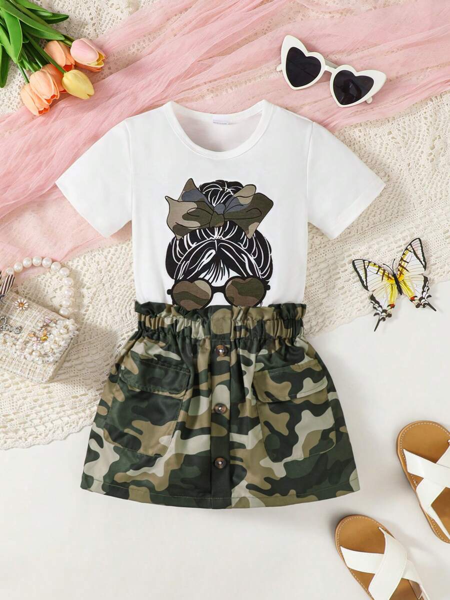 2 pièces T-shirt avec imprimé portrait de fille et short de couleur unie avec ceinture, ensemble casual minimaliste deux pièces