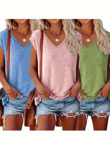 3 camisetas de manga corta de unicolor con cuello en V, camisetas casuales para mujer