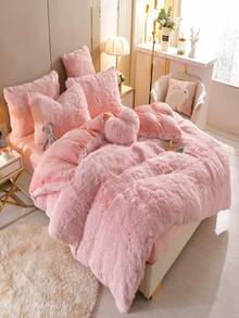 3/4 Set Of Light Luxury Solid Color Plush Bedding, 1/2 Pillowcase+1 Duvet Cover+Heart-Shaped Pillow, With Heart-Shaped Pillow, Twin /Queen/ King, Fluffy, High-End Comfortable, Cute And Cozy, Multi Colored, Comfortable All Year Round (Excluding Bedding And Pillow Core)