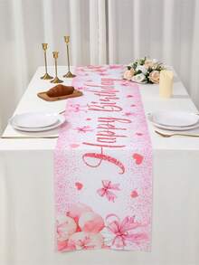 1 件 35*180 厘米粉色蝴蝶结图案涤纶生日快乐桌旗，桌布桌套完美装饰粉色蝴蝶结主题家庭节日生日宝贝淋浴派对，房间餐桌装饰用品