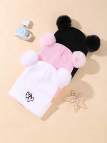 3件可爱耳朵双球针织帽组合适合宝宝女童男童可调节尺寸适合日常搭配