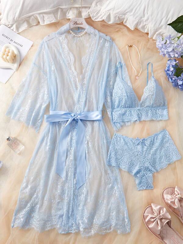 Deep V-Neck Lace Semi-Sheer Fashionable Glamorous Design Pajamas Set, Sexy Lingerie For Women
