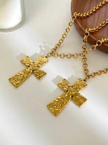 Monlansher Nuova collana da donna con pendente a croce, design in metallo in rilievo esagerato, realizzata in acciaio inossidabile, alla moda, versatile e adatta all'uso quotidiano, colore oro