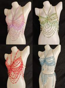 Unisex Body Chain, Couple's Intimate Accessories, Bra Decor, Sexy For Nightclub, Music Festival, Rhombus & Floral Print, Glitter, Romantic French, Pastoral Mature Charm, Luxurious Classic Sexy Acrylic Beaded Tassel Rhinestone Fringe