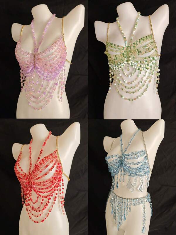 Unisex Sexy Body Chain Bra Accessory, Geometric Floral Print Glitter, Romantic French, Rustic Mature Charm, Luxury Classic Sensual, Acrylic Beaded Tassel, Waterproof Crystals, Backless Sequined, 4 Seasons