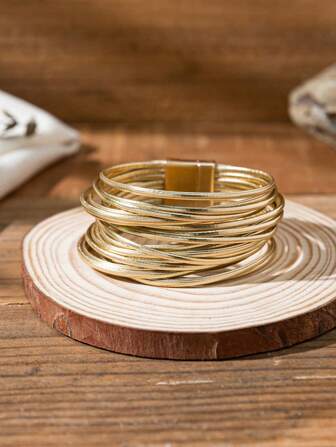 1pc Boho Charm Multilayer Wrap Bracelet Stylish Vacation Accessory With Contrast Magnetic Buckle  Bold Rock & Hippie Style For Unisex, Wide-Brimmed Bangle Design Perfect For Women