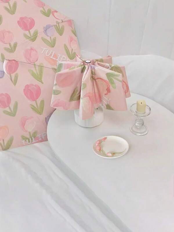 1 pieza Paraguas automático con estampado de tulipán, convertible en sombrilla y paraguas de lluvia, con protección UV, diseño de moda para refrescarse en verano, playa y viajar.