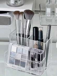 1pc Multi-Compartment Transparent Makeup Organizer Box, Desktop Storage Container For Cosmetics, Brushes, Lipsticks, Multifunctional, Back To School
