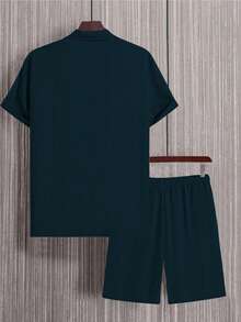 2 Pcs Men's Linen-Like Plain Color Short Sleeve Shirt And Shorts Set, Casual Summer Vacation Outfit,For Boyfriend Gift