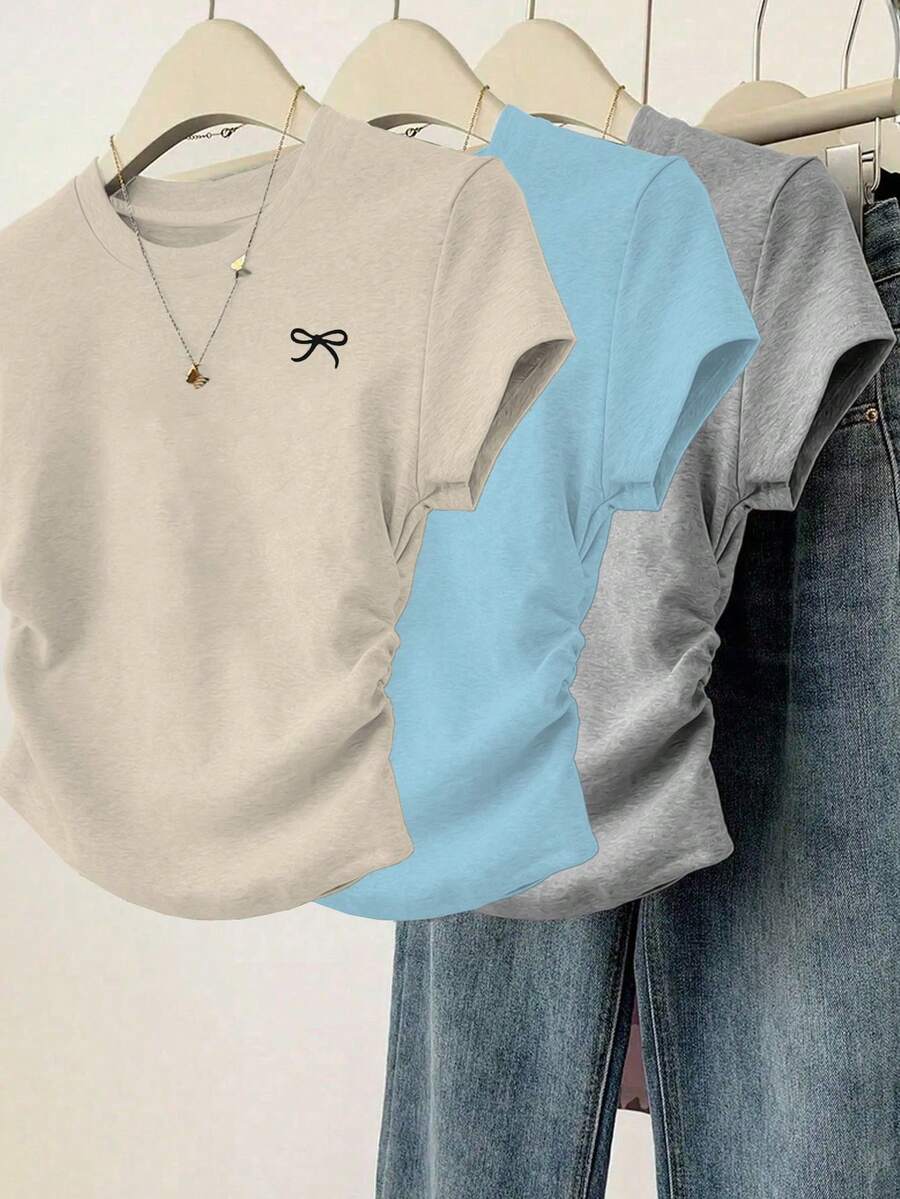 3 件套女士休闲时尚修身蝴蝶结印花细节简约纯色褶皱圆领短袖 T 恤套装 - 彩色 - 查看 1