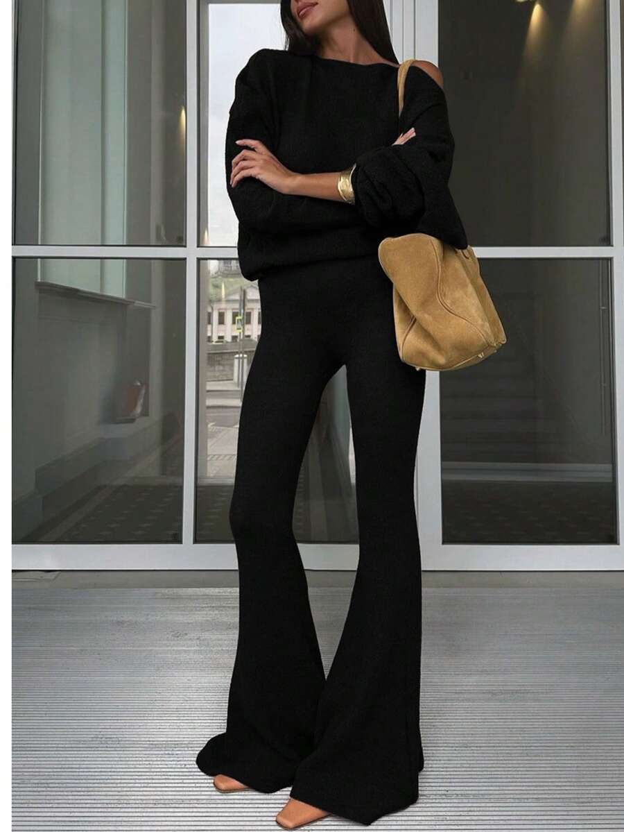 女士休闲长袖上衣和喇叭裤两件套，街头风日常穿搭，春夏款 - 黑色 - 查看 1