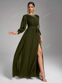 SUPGIR Vestido de noche elegante negro con cuello redondo, manga farol asimétrica, decoración de lentejuelas de lujo y cintura anudada