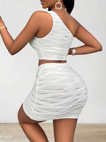 AIJ Amarilo Textured Asymmetric Shoulder Top And Skirt Knit Set - White - View 5