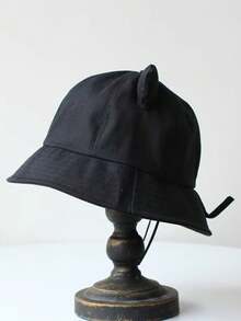 1pc New Women Spring/Summer College Style Bucket Hat, Solid Color Cat Ear Cute Cartoon Design, Suitable For Outdoor Activities, Sun-Shading - Black - View 5