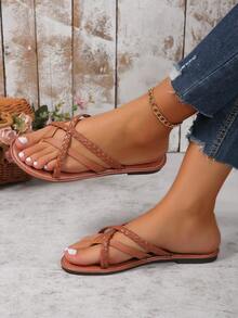 全新手工编织平底人字拖凉鞋，休闲百搭沙滩鞋，轻便舒适的平底凉鞋，棕色、白色、银色、黑色