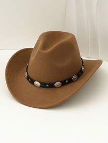 1pc Detachable Metal Trim Western Cowboy Hat, Polyester Felt Hat, Lightweight & Fashionable Unisex Hat For Outdoor Activities, Gatherings, Daily Wear, Non-Woven Fabric Material - Round Silver Decorated Hat - View 13