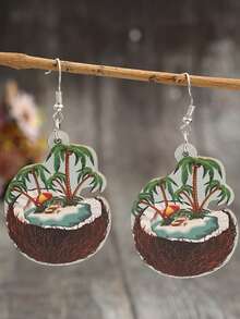 1 Pair Retro Beach Style Coconut Tree Wood Earrings, Creative Design - Multicolor - View 5