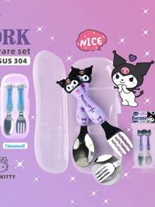 Sanrio 2 pezzi Set di posate Sanrio Hello Kitty, Kuromi, My Melody, Cinnamoroll, in acciaio inossidabile 304, con bacchette, cucchiaio e forchetta a tema cartone animato, set di stoviglie portatile con scatola di immagazzinaggio, articoli scolastici