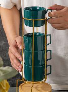 1 Juego de Tazas de Café - 4 Tazas, 4 Platillos, 4 Cucharas con Soporte de Metal / 1 Juego de Tazas de Café - 1 Taza, 1 Platillo, 1 Cuchara, Capacidad ≈ 250ml, Material Cerámico, Disponible en Blanco/Negro/Verde, Taza de Café para Cappuccino Latte Art, Taza de Té, Apta para Té, Café, Cereales, Chocolate Caliente, Incluye Cuchara y Bandeja de Madera, Juego de Tazas de Café, Juego de Tazas de Cerámica, Ideal para Restaurantes, Cafeterías, Hogar y Oficina, Gran Regalo para Familia, Amigos y Seres Queridos.