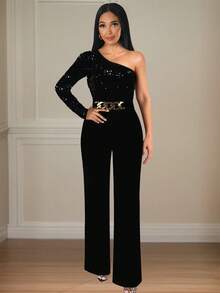 Women's Glam Party SequinLong Sleeve Jumpsuit OneShoulder Design WithContrast Sequins And HighStretch For Special OccasionsOne-Shoulder Sequindetail, Velvet Wide-Leg Stylegold Chain Belt, Festive Partyglamorous Jumpsuitautumn.Winter, New Year Look , Black - Black - View 2