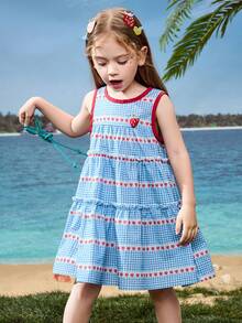Vestido sin mangas con bloques de color a cuadros y corazón de fresa para niñas de la marca ASK JUNIOR - Azul - Ver 5