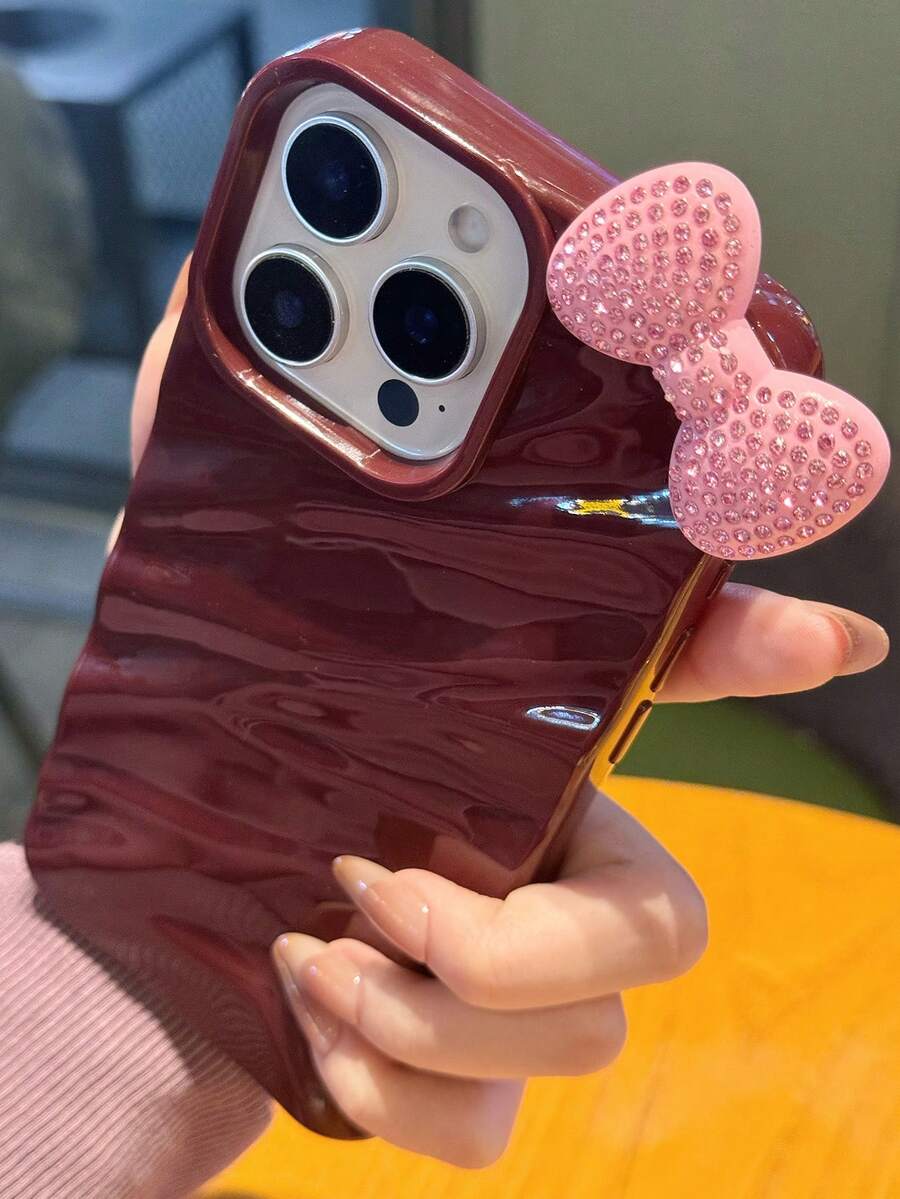 1pc Cute Bowknot 3D Water Wave Pattern Phone Case Compatible With IPhone 11 11Pro 11ProMax 12 12Pro 12ProMax 13 13Pro 13ProMax 14 14Pro 14Plus 14ProMax 15 15Pro 15Plus 16 16Pro 16ProMax 16Plus - Burgundy - View 1