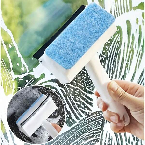 1 Piece 2-In-1 Bathroom And Living Room Glass Cleaning Brush And Rubber Scraper - Manual, Multi-Surface Window Cleaner With Sponge And Rubber Blade, No Power Required, For Shower Doors, Mirrors, Tiles Back To School