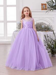 Tween Girl Elegant Bow Decor Dress, Flower Girl Princess Dress Suitable For Girls Wedding, Party, Birthday, Communion, Important Occasions - Mauve Purple - View 3
