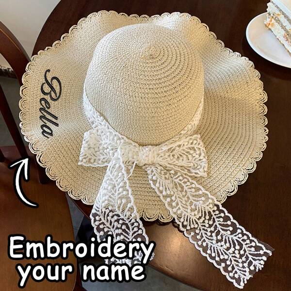 1pc Lace Trimmed Sun Hat With Bow Decor, Customizable Name Embroidery On Hat Brim,Durable,Colorful,Cute,Adorable,Funny,Kawaii,Y2K,Stylish,Unisex,Casual,Custom,Personalized,Unique,Customized,Ideal Gifts For Him,Ideal Gifts For Her,Her,Boyfriend,Girlfriend,Family,Friends