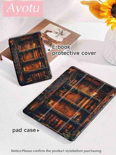 Ayotu 复古书本图案保护壳，兼容三星、苹果、Kindle电子书。平板电脑保护壳带笔槽，支持自动睡眠/唤醒功能