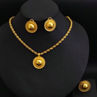 Guldfärgad smyckeset - Runt geometriskt hänge, ring, örhängen, traditionell Dubai-stil brudsmycken present för kvinnor